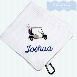 Custom Golf Towel, Personalized Embroidered Sports Towel, Microfiber, Golf Accessories- Gift for Golfers w/ Beige Golf Cart design