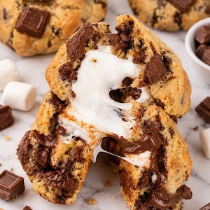 May include: A s'mores cookie broken in half, revealing a gooey, melted white marshmallow center and dark chocolate chunks. The cookie has a golden-brown baked texture, with additional chocolate squares, marshmallows, and graham crackers nearby.