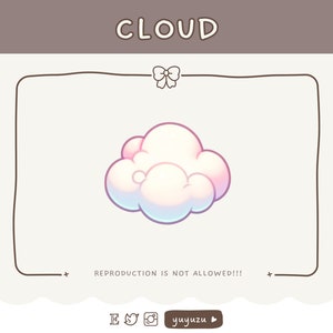 Puede incluir: Una ilustración de dibujos animados de una nube blanca esponjosa con un degradado rosa y azul. La nube está rodeada por un marco negro dibujado a mano con un lazo blanco en la parte superior. El texto "CLOUD" está escrito en negro en la parte superior de la imagen. El texto "REPRODUCTION IS NOT ALLOWED!!!" está escrito en negro en la parte inferior de la imagen.