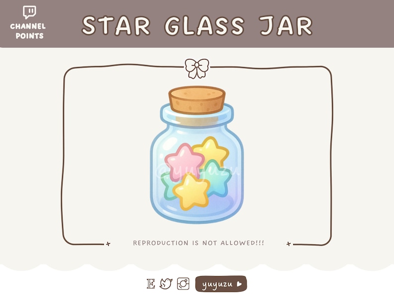 Puede incluir: Ilustraci&oacute;n de dibujos animados de un tarro de cristal lleno de caramelos con forma de estrella de colores. El tarro tiene una tapa de corcho y el texto "STAR GLASS JAR" est&aacute; encima. Tambi&eacute;n est&aacute; presente el texto "REPRODUCTION IS NOT ALLOWED!!!".