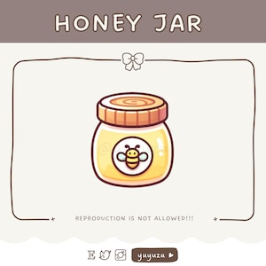 May include: A cartoon illustration of a honey jar with a bee on the label. The jar is yellow and brown with a white label. The text "HONEY JAR" is at the top of the image.