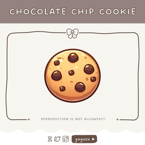 Op de afbeelding: Een cartoonillustratie van een chocolade chip cookie met bruine chocolade chips op een witte achtergrond. De tekst "CHOCOLATE CHIP COOKIE" staat boven de cookie. De tekst "REPRODUCTION IS NOT ALLOWED!!!" staat onder de cookie.