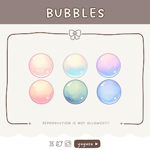 May include: Six iridescent bubble-shaped badges in various pastel colours, including pink, blue, and green. The badges are arranged in two rows of three. The text "BUBBLES" is at the top of the image, and the text "REPRODUCTION IS NOT ALLOWED!!!" is at the bottom.