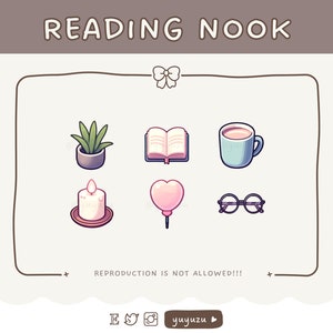 Puede incluir: Un conjunto de seis iconos ilustrados que representan un rincón de lectura acogedor. Los iconos incluyen una planta en maceta, un libro abierto, una taza de café, una vela encendida, un globo rosa en forma de corazón y unas gafas.