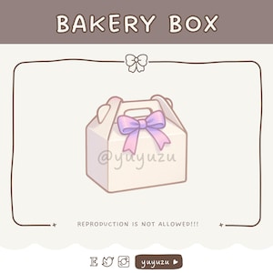 May include: A cream-colored bakery box with a purple and pink bow. The box has a handle and the text "@yuyuzu". The words "BAKERY BOX" are at the top of the image. The text "REPRODUCTION IS NOT ALLOWED!!!" is at the bottom.