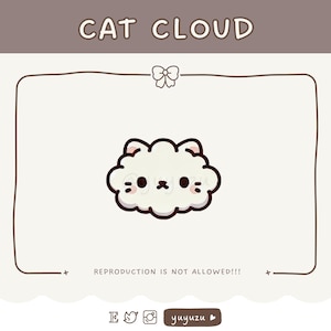 Puede incluir: Ilustración digital de una nube con forma de gato blanco con contorno negro y rasgos faciales. El texto "CAT CLOUD" está encima de la nube y "REPRODUCTION IS NOT ALLOWED!!!" debajo. El fondo es de color beige claro.