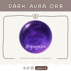 Könnte beinhalten: Digitale Illustration eines dunkelvioletten Orbs mit wirbelnden Mustern, betitelt "Dark Aura Orb". Das Bild enthält den Text "@yuyuzu" und "REPRODUCTION IS NOT ALLOWED!!!" auf hellem Hintergrund.