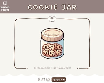 May include: A cartoon illustration of a cookie jar filled with chocolate chip cookies. The jar is brown with a white lid and is sitting on a white background. The text "COOKIE JAR" is written in black above the jar.