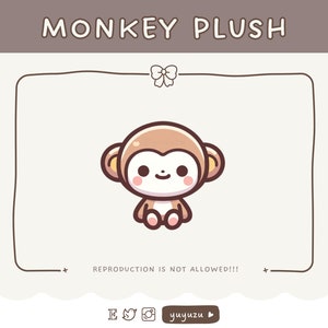 May include: A cute cartoon monkey plush toy with brown fur, yellow ears, and a white face. The monkey is sitting with its legs crossed and has a big smile. The text "MONKEY PLUSH" is written above the monkey.