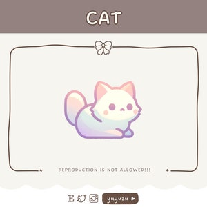 Può includere: Un'illustrazione di un gatto bianco con una coda sfumata arcobaleno. Il gatto è seduto con la testa leggermente inclinata di lato. L'immagine è circondata da un bordo nero e un nastro bianco con un fiocco in alto. Il testo "CAT" è sopra l'immagine e il testo "REPRODUCTION IS NOT ALLOWED!!!" è sotto l'immagine.