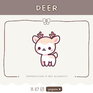 May include: A cute cartoon deer illustration with a light brown body, pink accents, and a smiling face. The word "DEER" is at the top, and the text "REPRODUCTION IS NOT ALLOWED!!!" is at the bottom. The image has a light brown background.