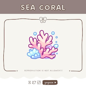 Peut inclure: Une illustration de corail de mer rose et violet avec des bulles bleues. Le texte "SEA CORAL" est en haut de l'image. Le texte "REPRODUCTION IS NOT ALLOWED!!!" est en bas de l'image.