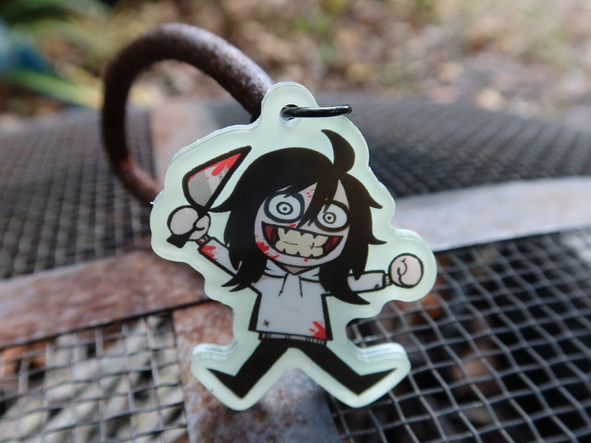 Creepypasta GLOW Jeff the Killer Ben Drowned Slenderman Smiledog GITD  Acrylic Keychain Charms RETIRING, image size:1162x871