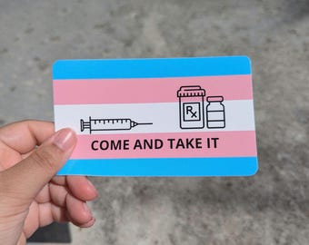 Pegatina para parachoques impermeable con la bandera transgénero HRT "Ven y tómala"