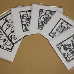 Set van 6 handgedrukte blokdrukkaarten / prints in Japanse stijl / chrysant, modern meisje, kaki, lelie, boomkikker, herfstontwerpen