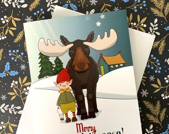 Merry Christmoose, holiday card, elf with moose