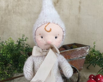 A Little Gnome Luvie in soft oatmeal color, light skin, a Waldorf doll with wire frame, child safe, ready to ship, available for adoption