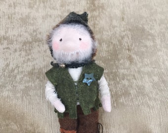 A little old grandpa woodland elf, a Waldorf doll with wired frame, child safe, ready to ship, available for adoption