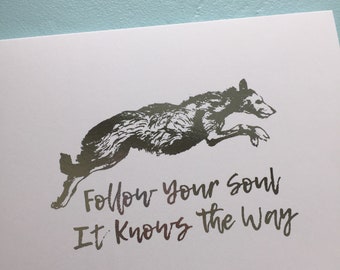 Follow your Soul, large note card, greeting card, Irish Wolfhound, dog, foil card, silver or gold, suitable for framing