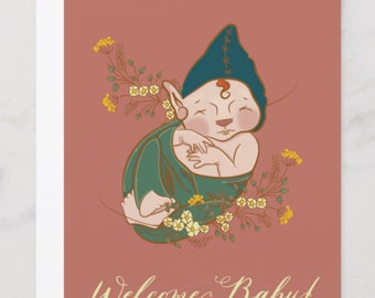 Welcome Faerie Baby, illustrated greeting, 5" x 7", suitable for framing