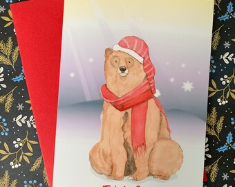 Christmas holiday card, bundled up bear, custom order