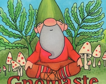 Gnomaste in the Garden, folded greeting card, blank inside, gnome