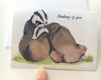 Badger Snuggle, Thinking of You card, greeting card