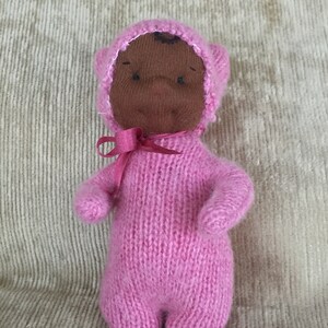 A Little Luvie in pink, dark  skin, a Waldorf doll with wire frame, child safe, ready to ship, available for adoption