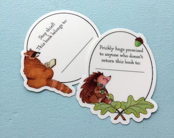 Forest Animal bookplates, hedgehog and raccoon, stickers for books, nameplate