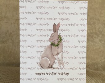 Warm winter wishes, hare greeting card, from original art