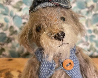 hand sewn mini dog puppy, grey mohair, collector's teddy, ready to ship