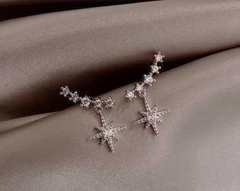 Star Ear Climber Celestial Earrings Long Climber Crystal Drop Earring Ear Crawler Minimalist Ear Climbers Dainty Star Earrings