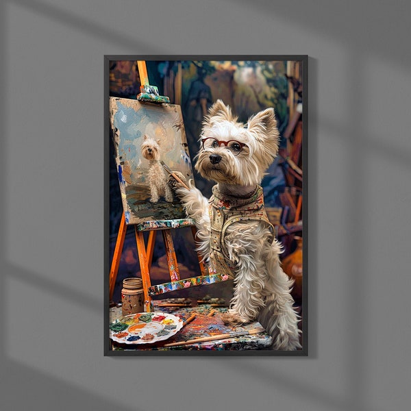 Westie Dog Painting Canvas Print, Whimsical Westie in Studio, Colorful Wall Art Decor, Pet Lover Gift Idea, Westie Wall Art, Dogs in Costume