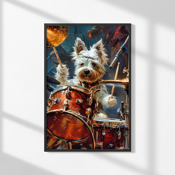 Westie Dog Drummer Poster, Colorful Drum Set Wall Art, Unique Animal Musician Home Decor, Westie Wall Art, Dogs in Costume