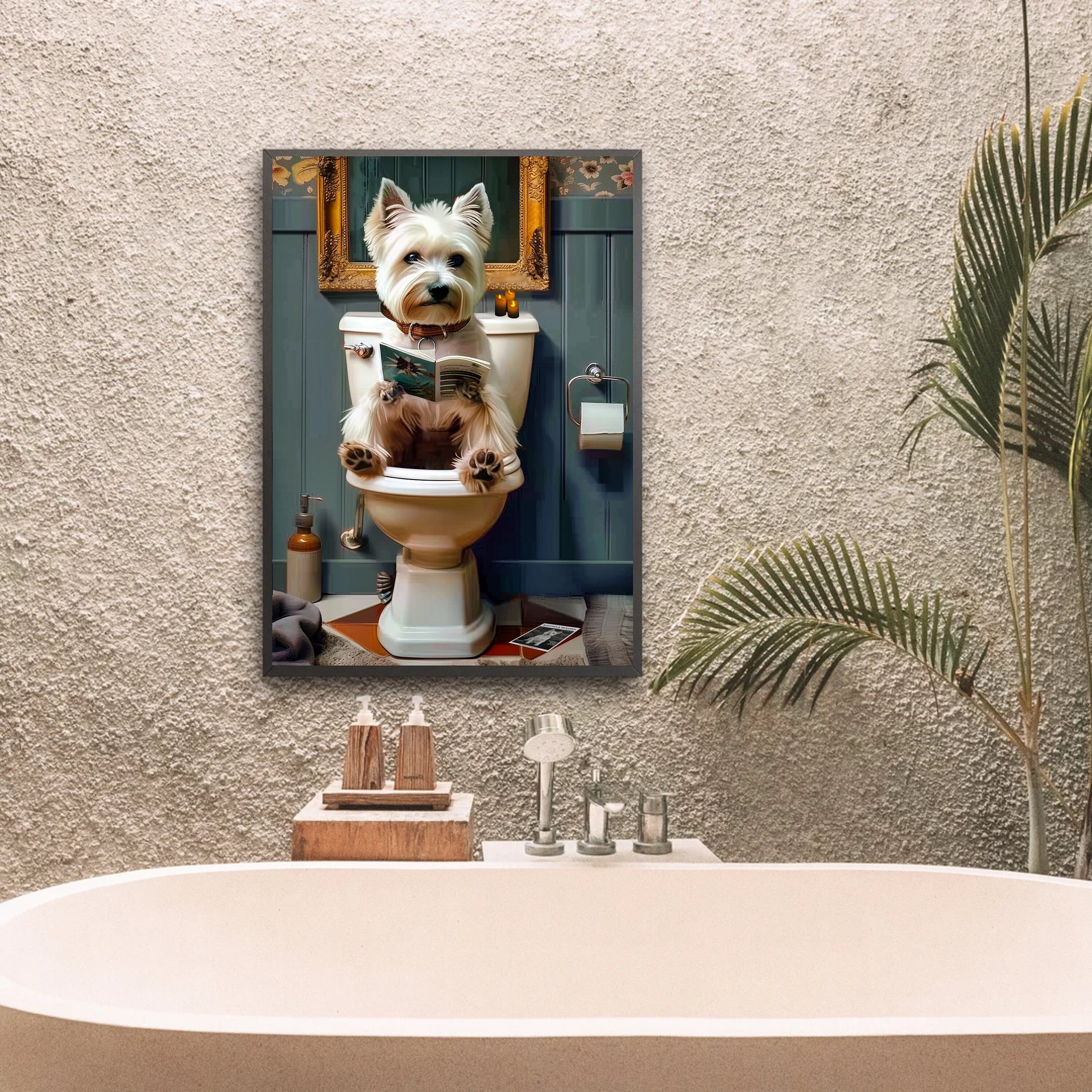 Westie Dog Bathroom Art, Fun Dog Reading on Toilet Picture, Whimsical ...