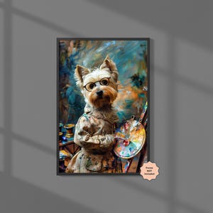 Westie Dog Artist Painting Wall Art, Westie Wall Art, Dog in Painter Outfit, Colorful Studio Background, Pet Lover Gift, Unique Home Decor
