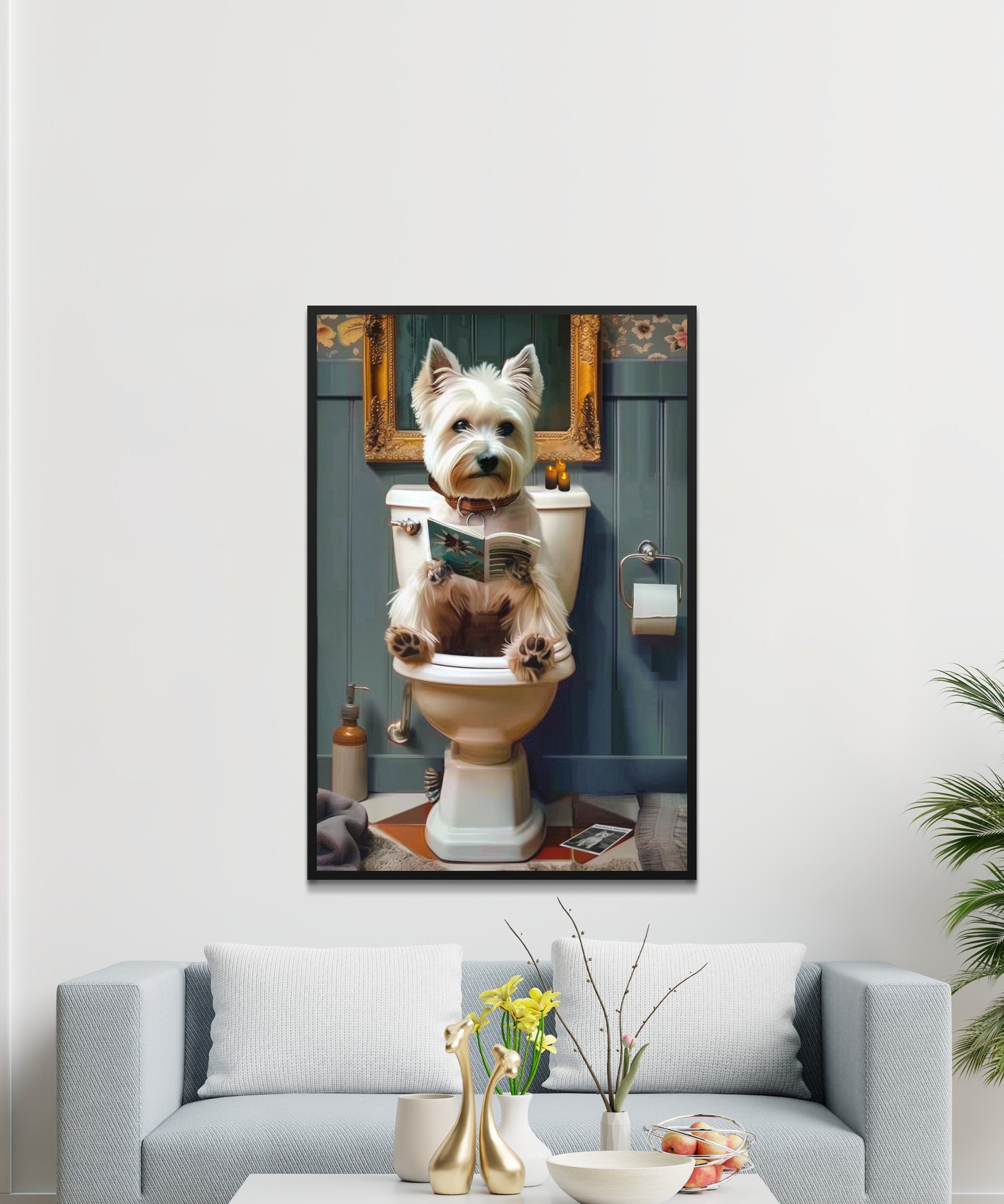 Westie Dog Bathroom Art, Fun Dog Reading on Toilet Picture, Whimsical ...