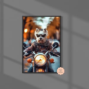 Westie Dog on Motorcycle Canvas Print, Funny Westie Wall Art, Dog Riding Bike Wall Art, Pet Adventure Home Decor, Westie Wall Art