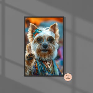 Westie Dog at Woodstock Poster, Funny Westie Dog Art, Westie in Glasses, Fun Animal Portrait, Quirky Pet Poster, Unique Gift for Dog Lovers