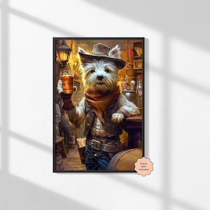 Westie Dog Cowboy Print, Cowboy Terrier With Beer, Western Themed Animal Wall Decor, Vintage Bar Scene Illustration, Unique Pet Artwork