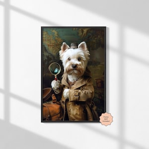 Westie Hund Detektiv Poster, Entdecker Hund Poster, Karte, Hintergrund, Detektivhund, Tierportrait, Wohnkultur, Westie Wandkunst
