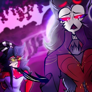 Può includere: Illustrazione digitale con due personaggi a tema fantasy. Un personaggio indossa un abito rosso e bianco, con un copricapo a righe bianche e nere. L'altro personaggio indossa un abito rosso e viola. Lo sfondo è un gradiente di rosa e viola.