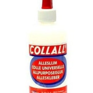 K&ouml;nnte beinhalten: Eine wei&szlig;e Kunststoffflasche mit Collall Alleskleber und einer roten, spitzen Verschlusskappe. Das Etikett zeigt den Markennamen Collall in wei&szlig;er Schrift auf rotem Grund sowie die Begriffe Alleslijm, Colle Universelle, Allpurposeglue.