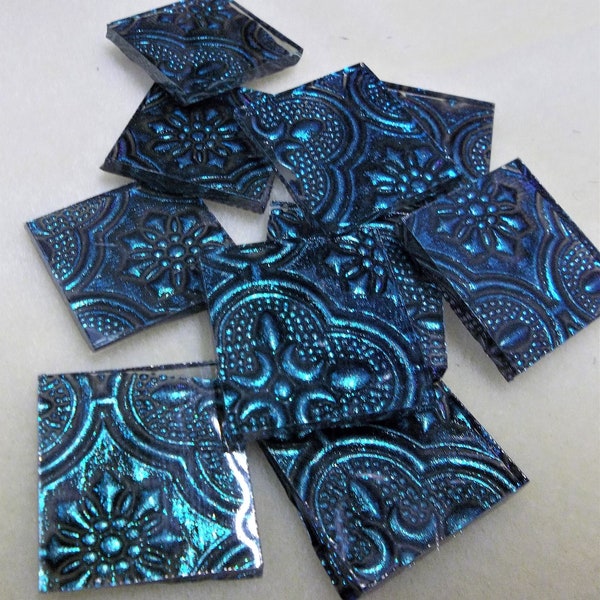Turquoise Sparkle on Flora Van Gogh Glass 1" Square Tiles for Mosaics, Available in Quantities of 20 or 40 Tiles