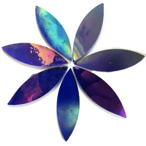May include: Seven iridescent blue glass flower petals with a rainbow sheen.