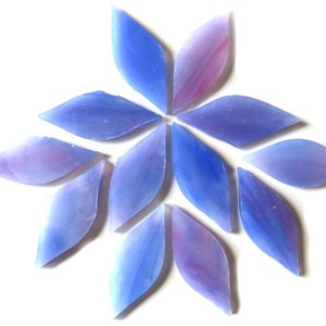 May include: An arrangement of blue and purple stained glass pieces in a floral pattern. The pieces are leaf-shaped, with varying shades of blue and purple. The glass has a translucent quality, allowing light to pass through.