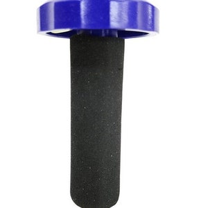 May include: A blue and black pool noodle with a yellow tip. The noodle has a foam grip and a blue plastic cap.