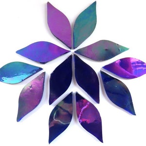 May include: A set of 12 iridescent glass mosaic tiles in the shape of leaves. The tiles are in shades of blue, purple, and green.