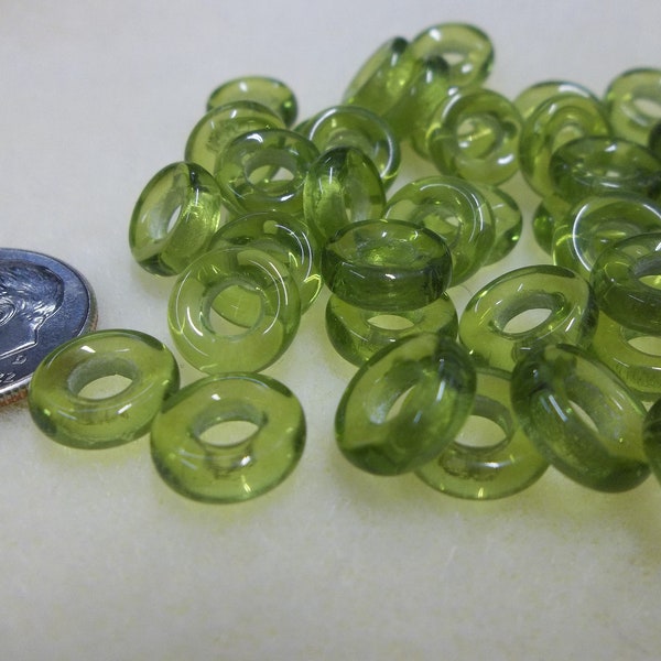 Czech Glass Olivine Green Ring Beads,  9mm with 4mm hole, package of approximately 50 rings