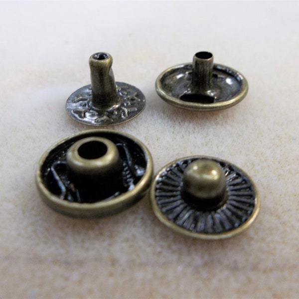 Snap Set, Antique Brass Snap Set, 4 pieces per set of 12.5 mm snaps for Leather or Denim, Multiple Quantities Available
